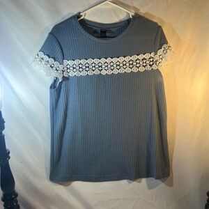 SHEIN Blue Top with White Lace Detail